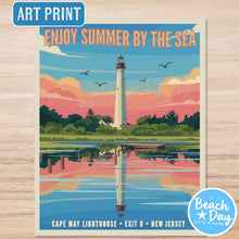Load image into Gallery viewer, Cape May NJ Lighthouse - Summer by the Sea - 11"x14" Retro Art Print