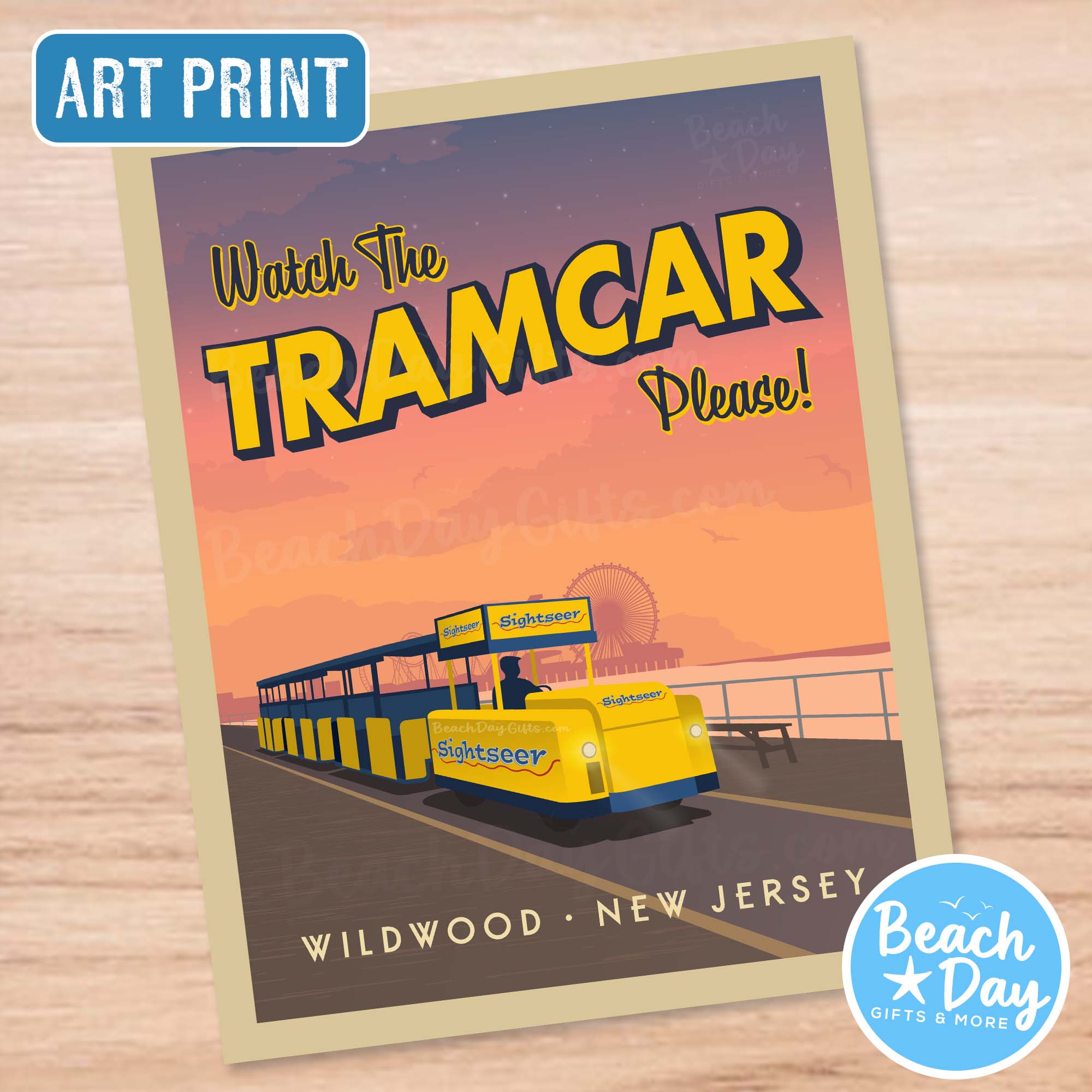 Watch the Tramcar, Please! - The Wildwood Boardwalk at Dusk - 11x14