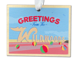 Greetings from Wildwood Ornament - Made of Wood w/ White Ribbon - 3.75 x 3 inches