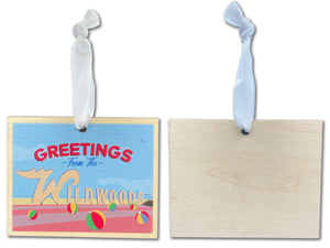 Greetings from Wildwood Ornament - Made of Wood w/ White Ribbon - 3.75 x 3 inches