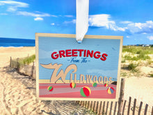 Load image into Gallery viewer, Greetings from Wildwood Ornament - Made of Wood w/ White Ribbon - 3.75 x 3 inches